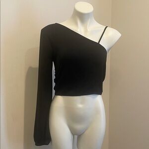 Melrose and Market Black One-Shoulder Crop Top with Single Long Sleeve